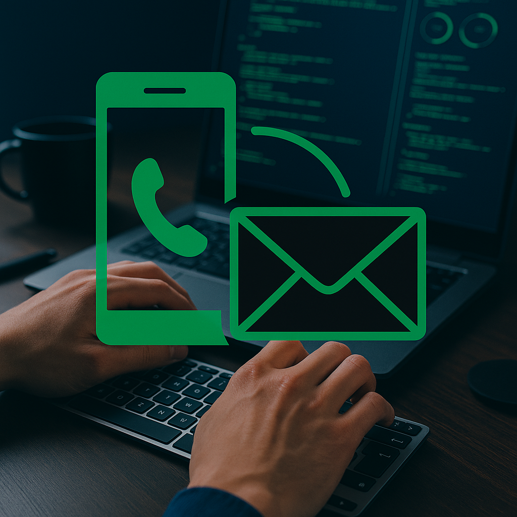Kapcsolatfelvételi ikonok – zöld telefon és boríték – egy sötét hátterű képen, amelyen egy billentyűzetet használó kéz és egy programozói kódsorokat tartalmazó laptop képernyője látható.